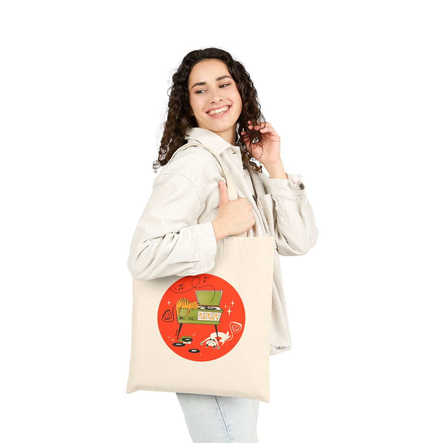 Retro Cats on Record Player Tote Bag in natural or black