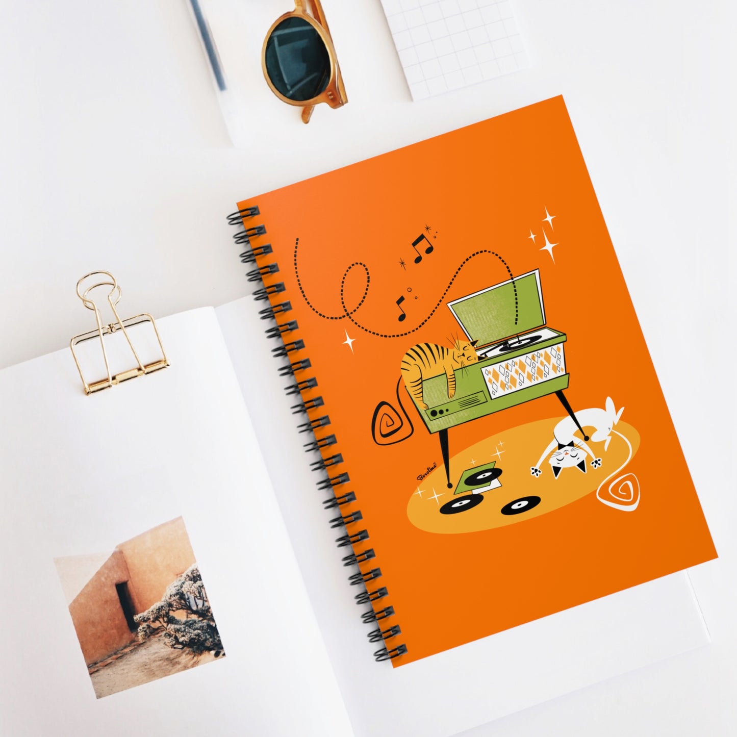 Cats with Retro Record Player, lined notebook