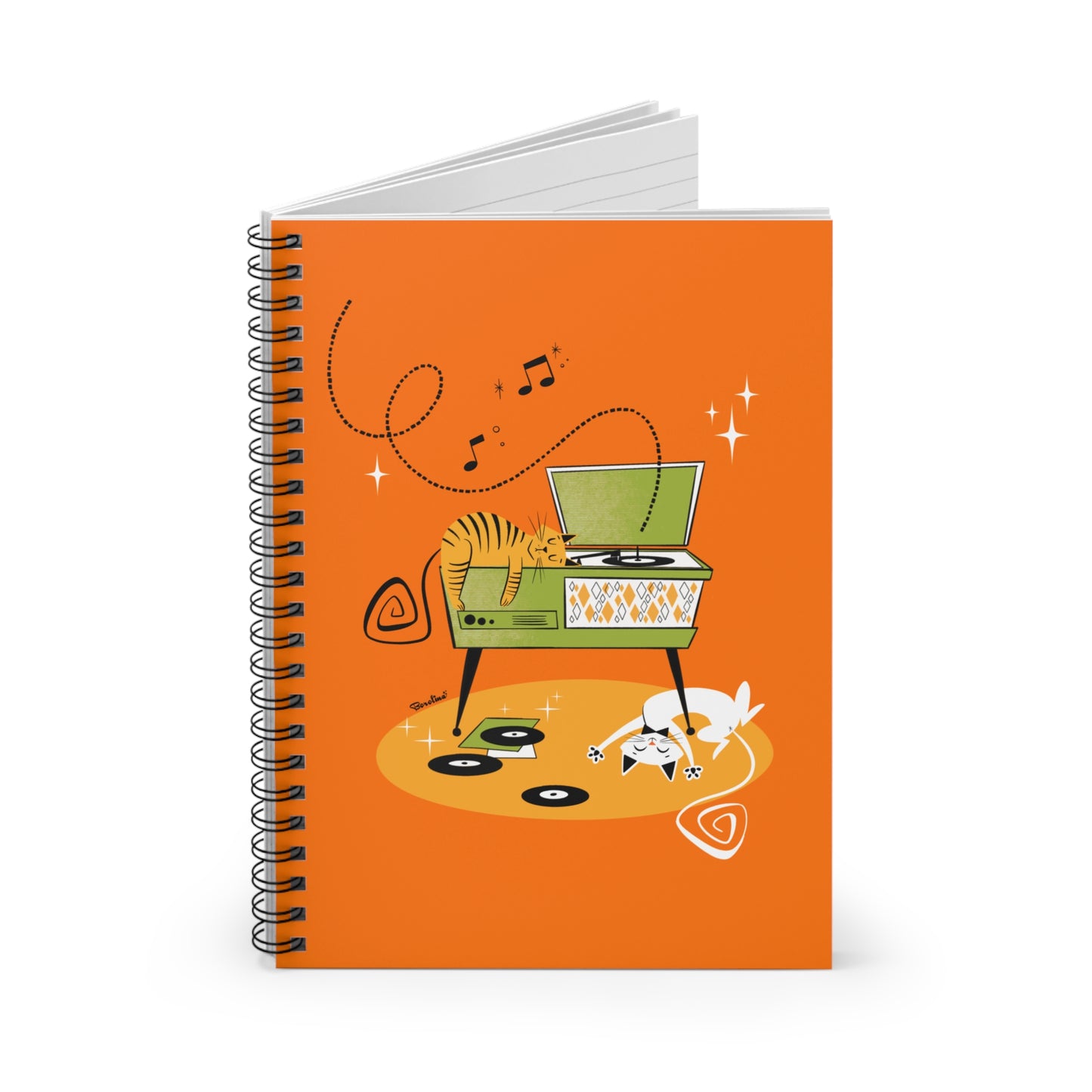 Cats with Retro Record Player, lined notebook