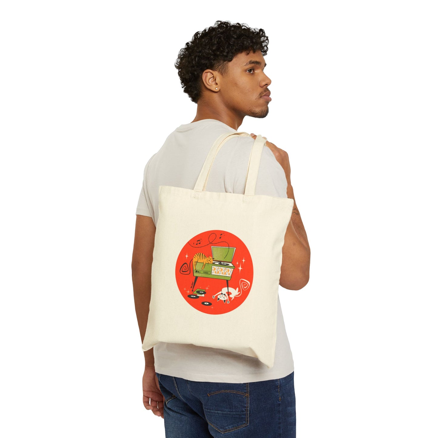 Retro Cats on Record Player Tote Bag in natural or black