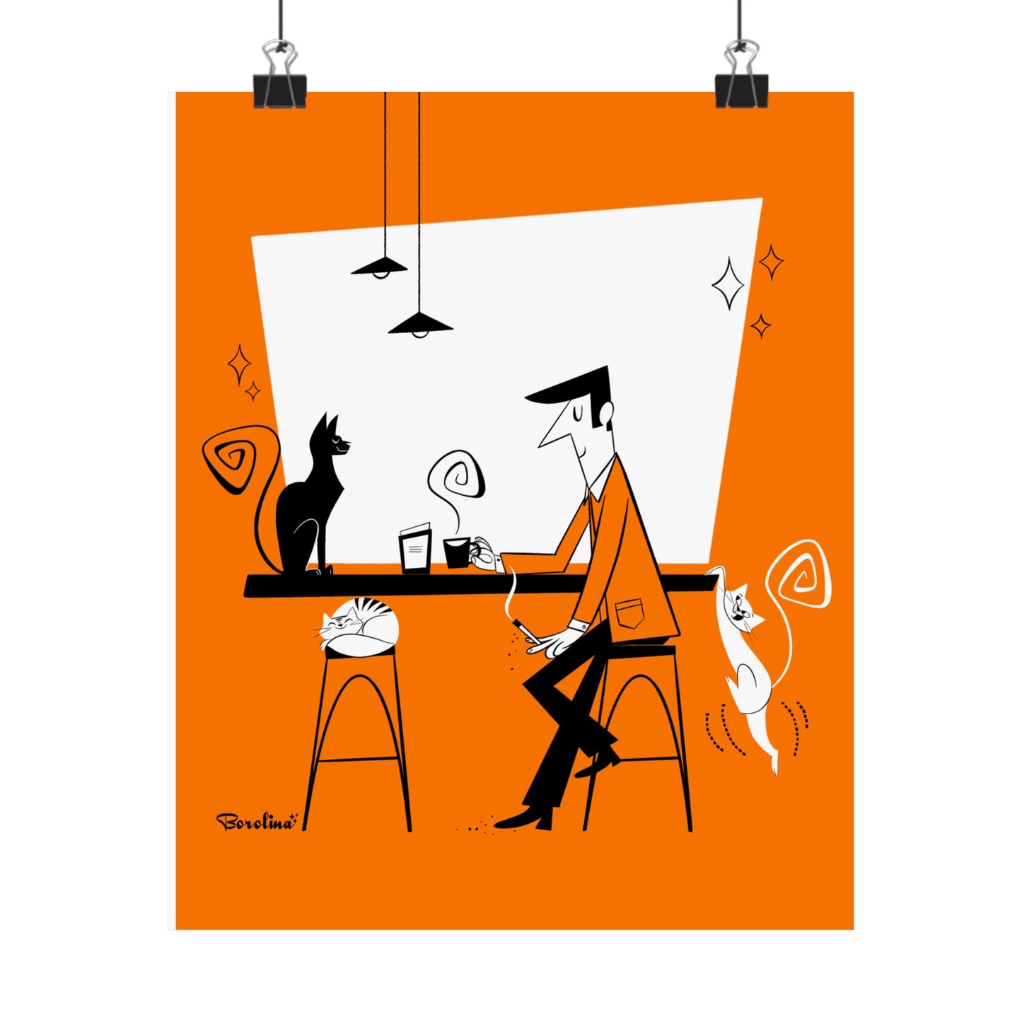 Cat Café (orange background), art print