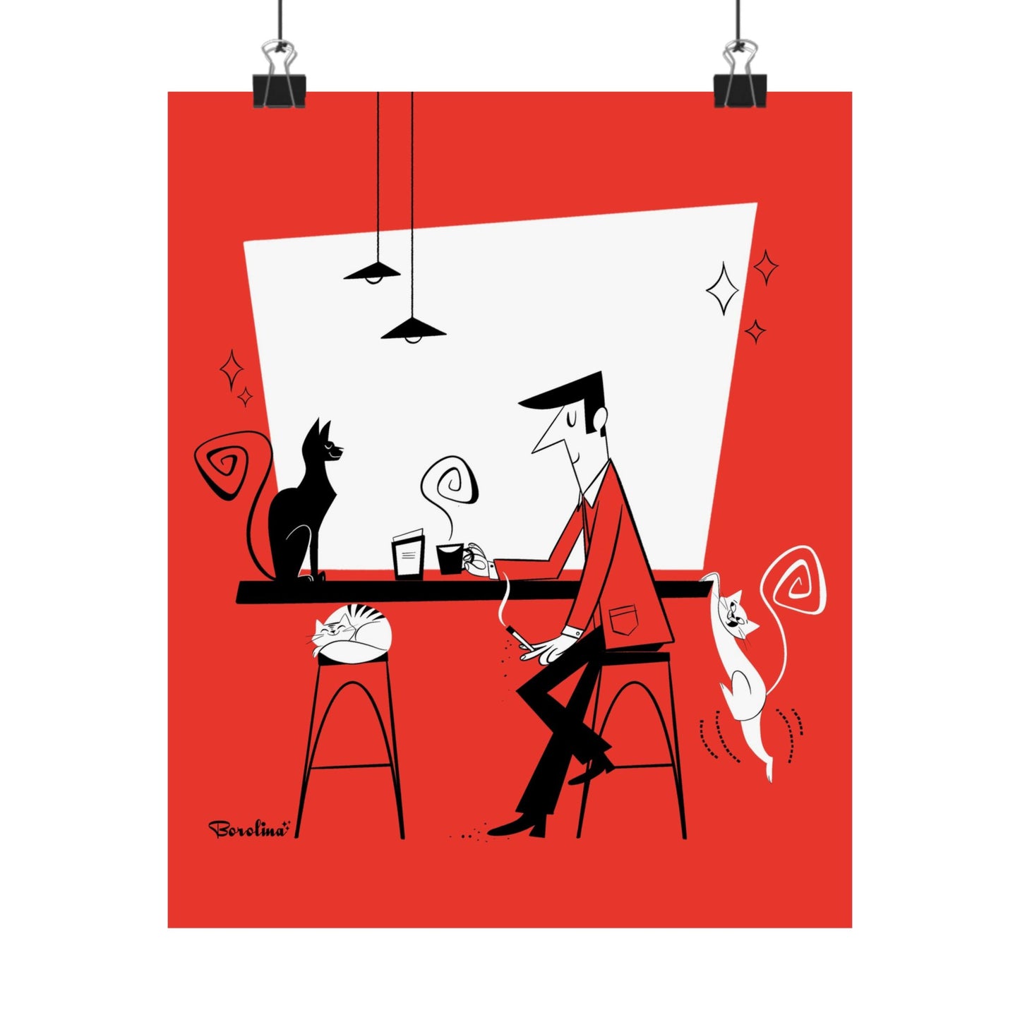 Cat Café (red background), art print