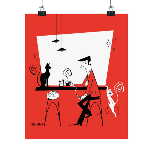 Cat Café (red background), art print