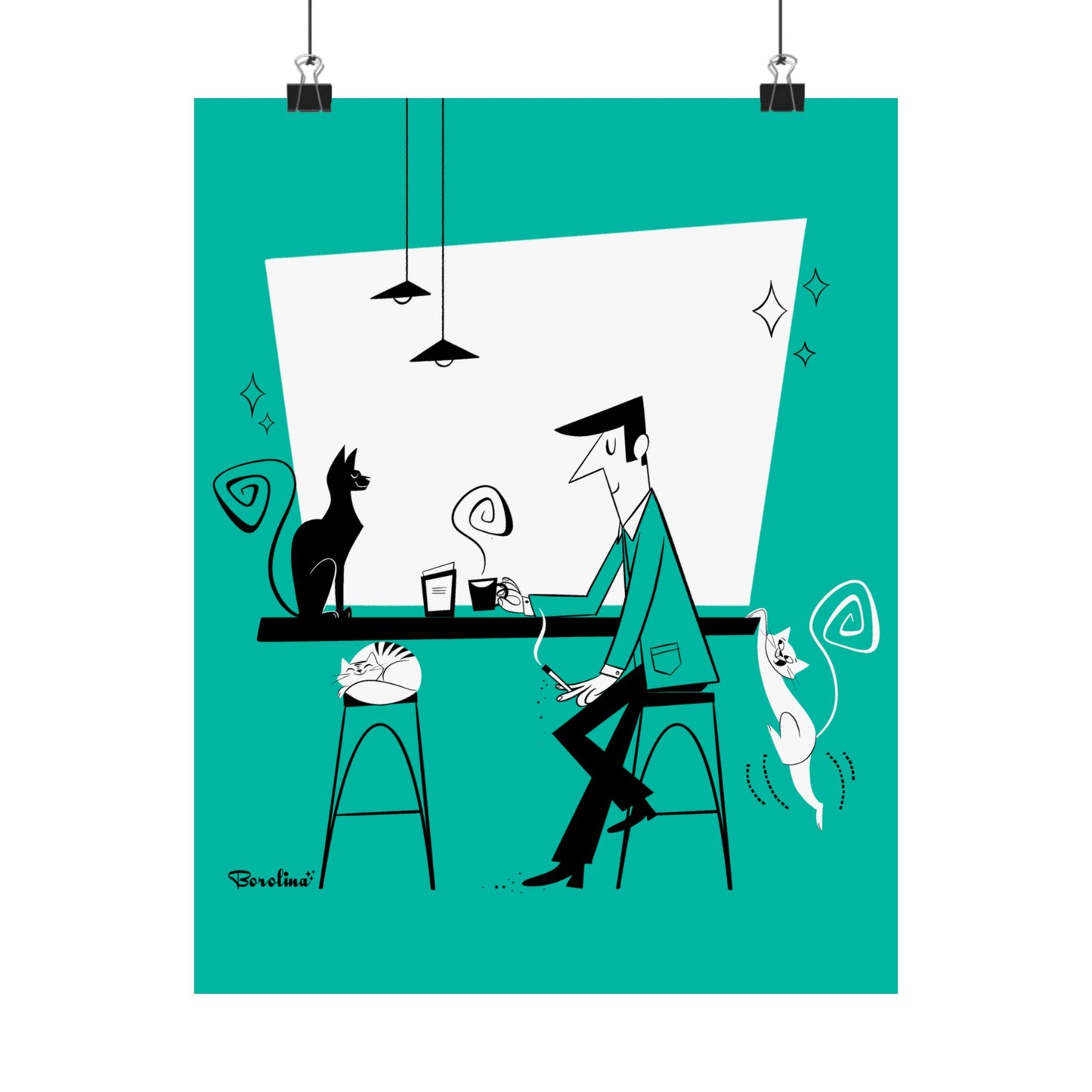 Cat Café (teal background), art print