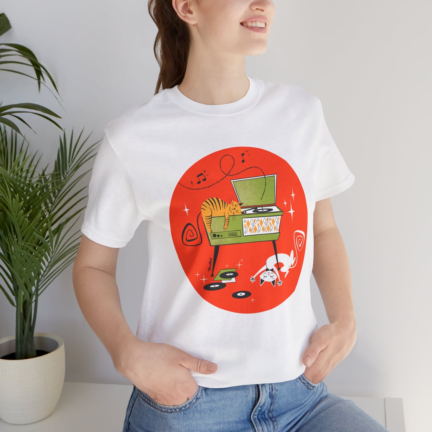 Cats napping on record player, t-shirt