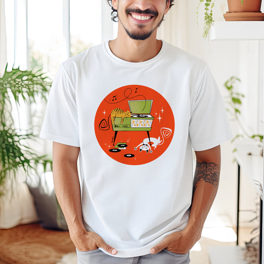 Cats napping on record player, t-shirt