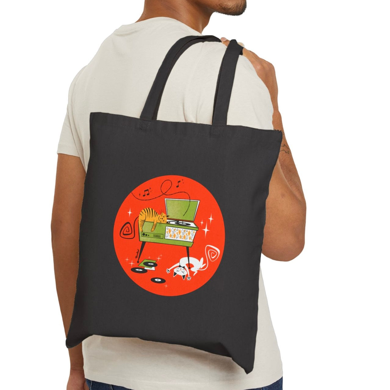 Retro Cats on Record Player Tote Bag in natural or black