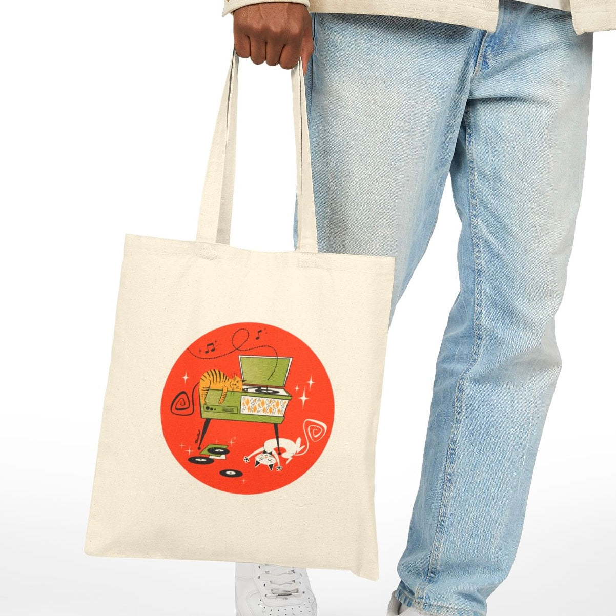 Retro Cats on Record Player Tote Bag in natural or black