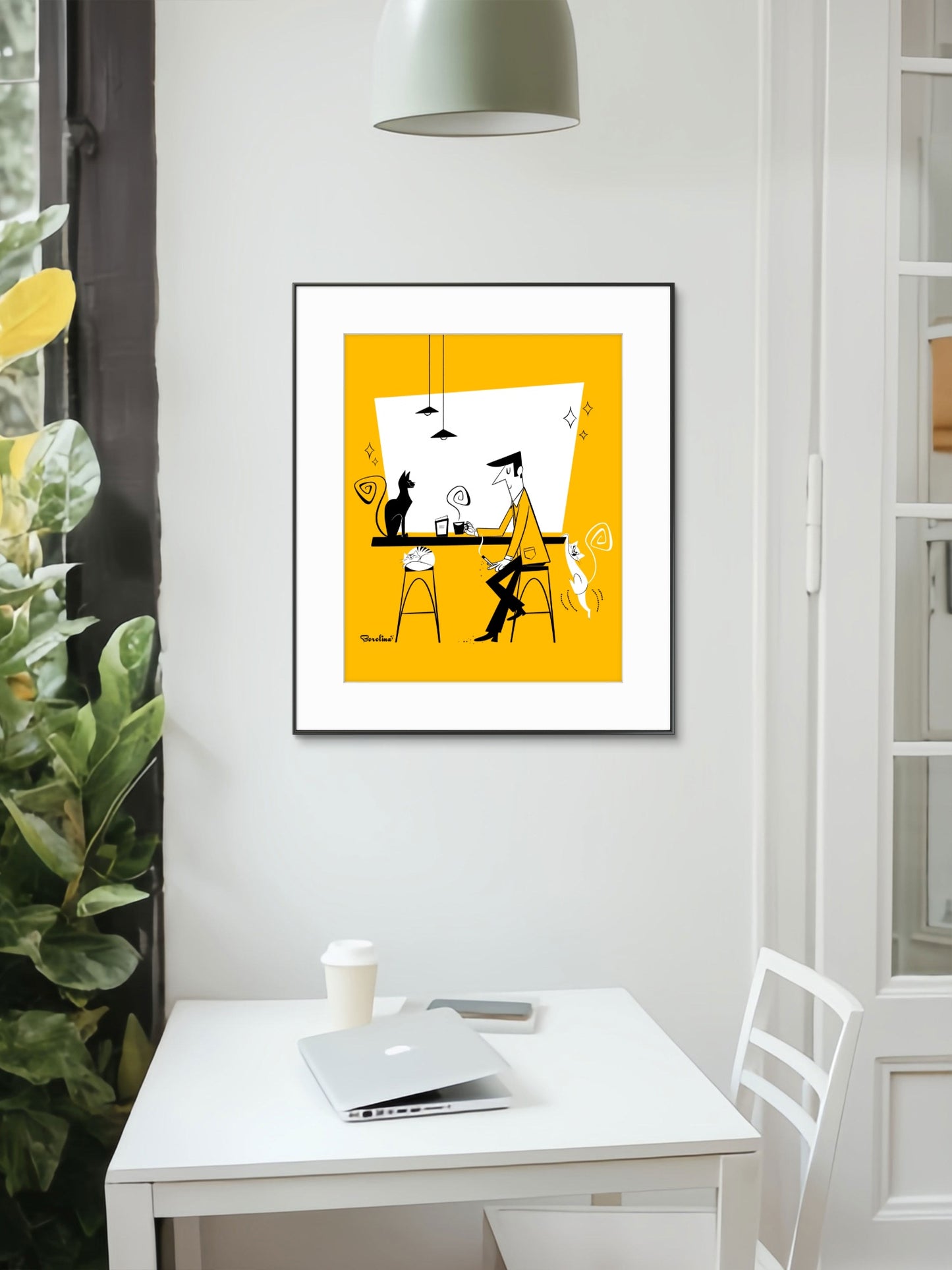Cat Café (yellow background), art print