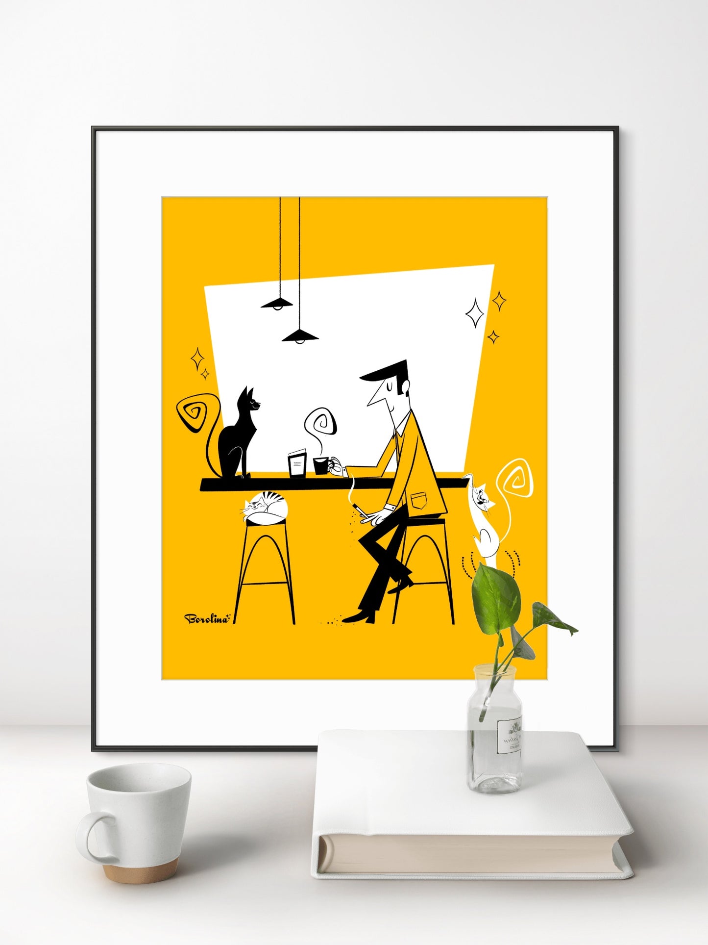 Cat Café (yellow background), art print
