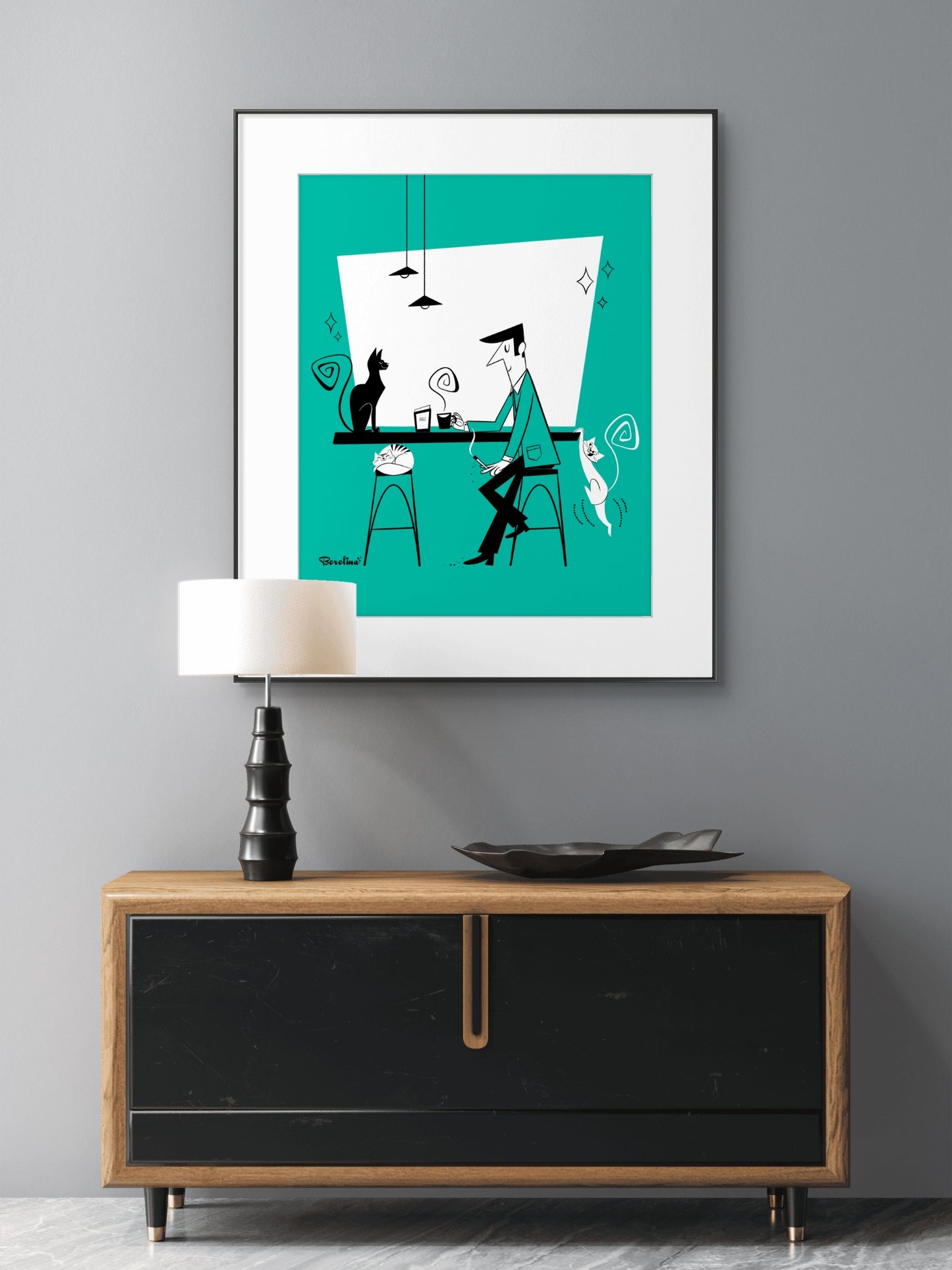 Cat Café (teal background), art print