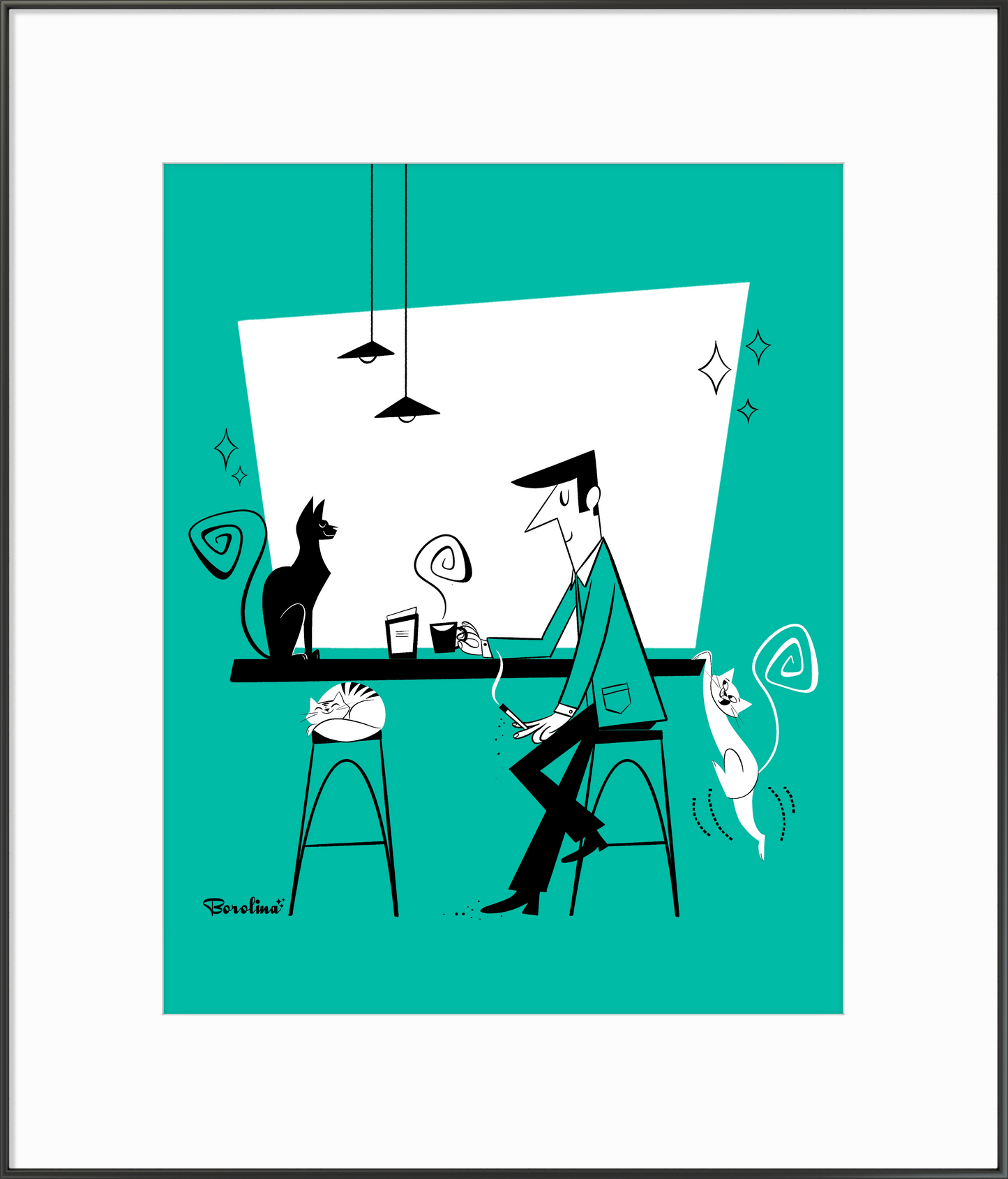 Cat Café (teal background), art print