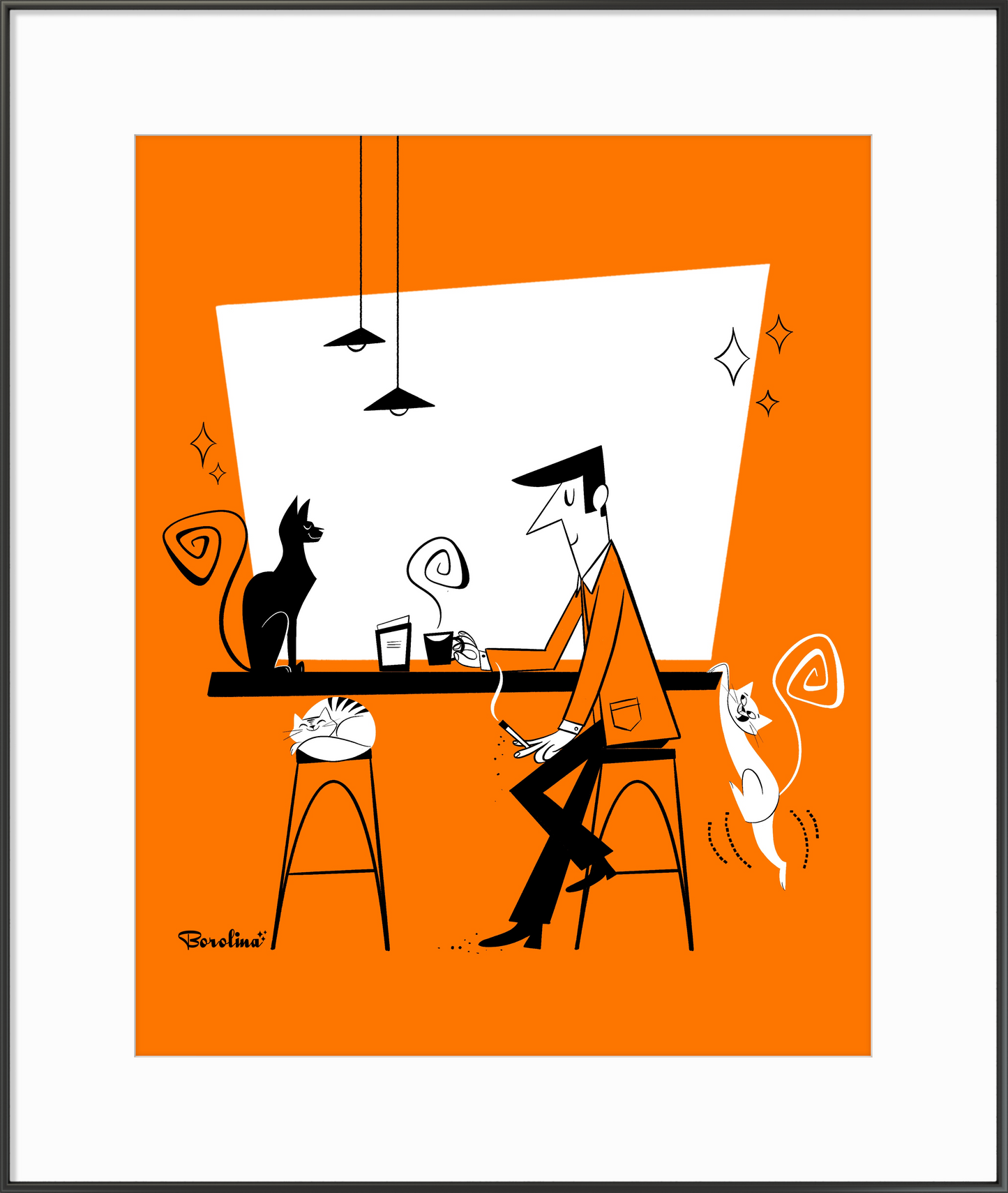 Cat Café (orange background), art print