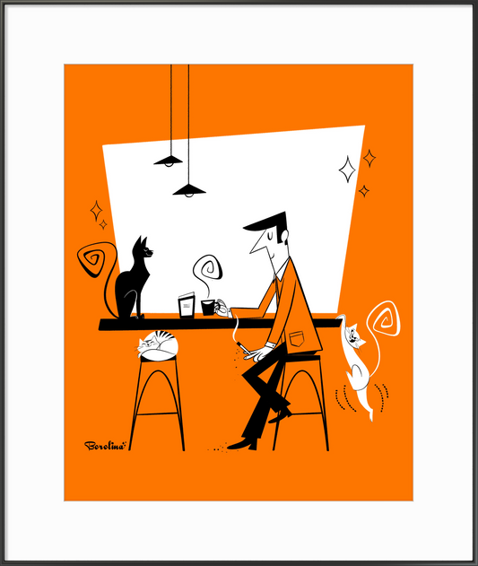 Cat Café (orange background), art print