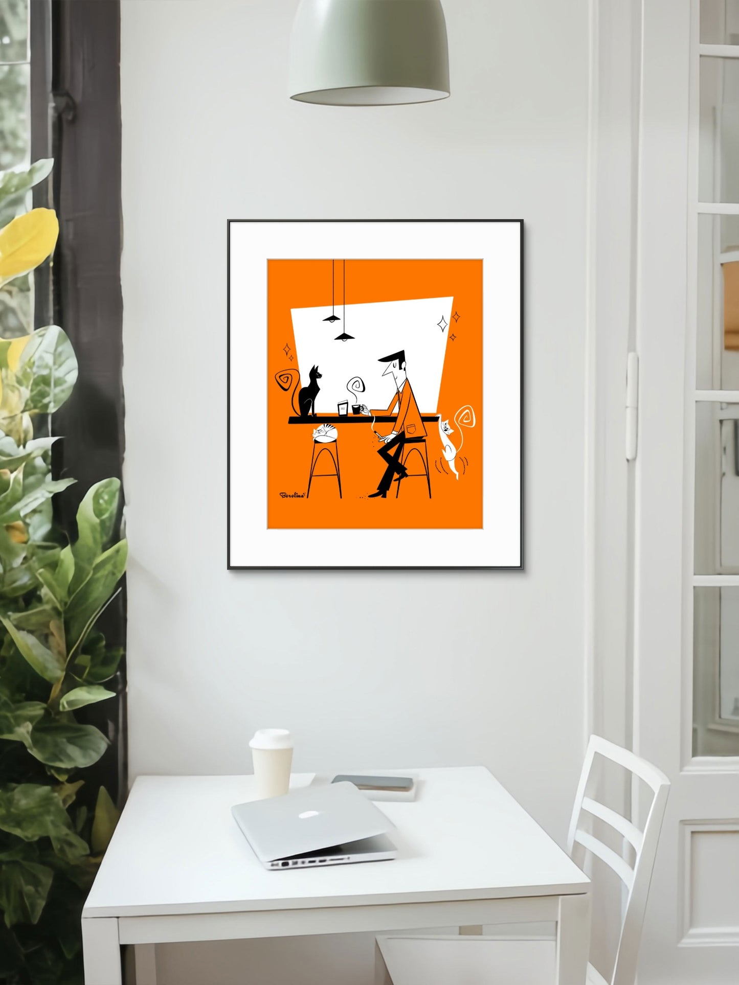 Cat Café (orange background), art print
