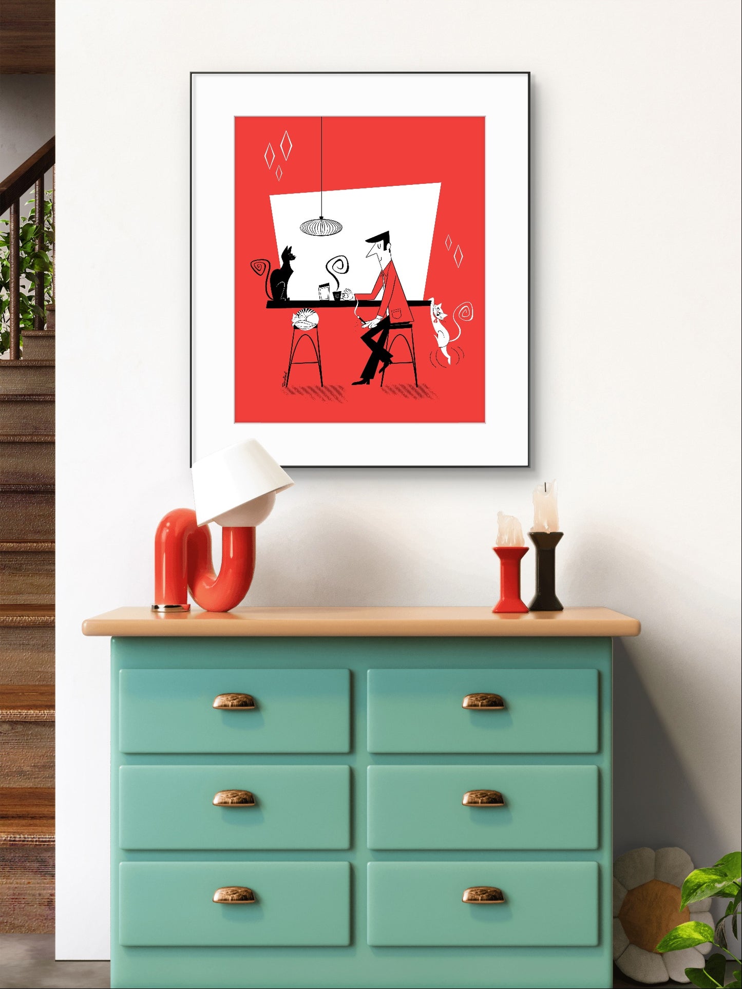 Cat Café (red background), art print
