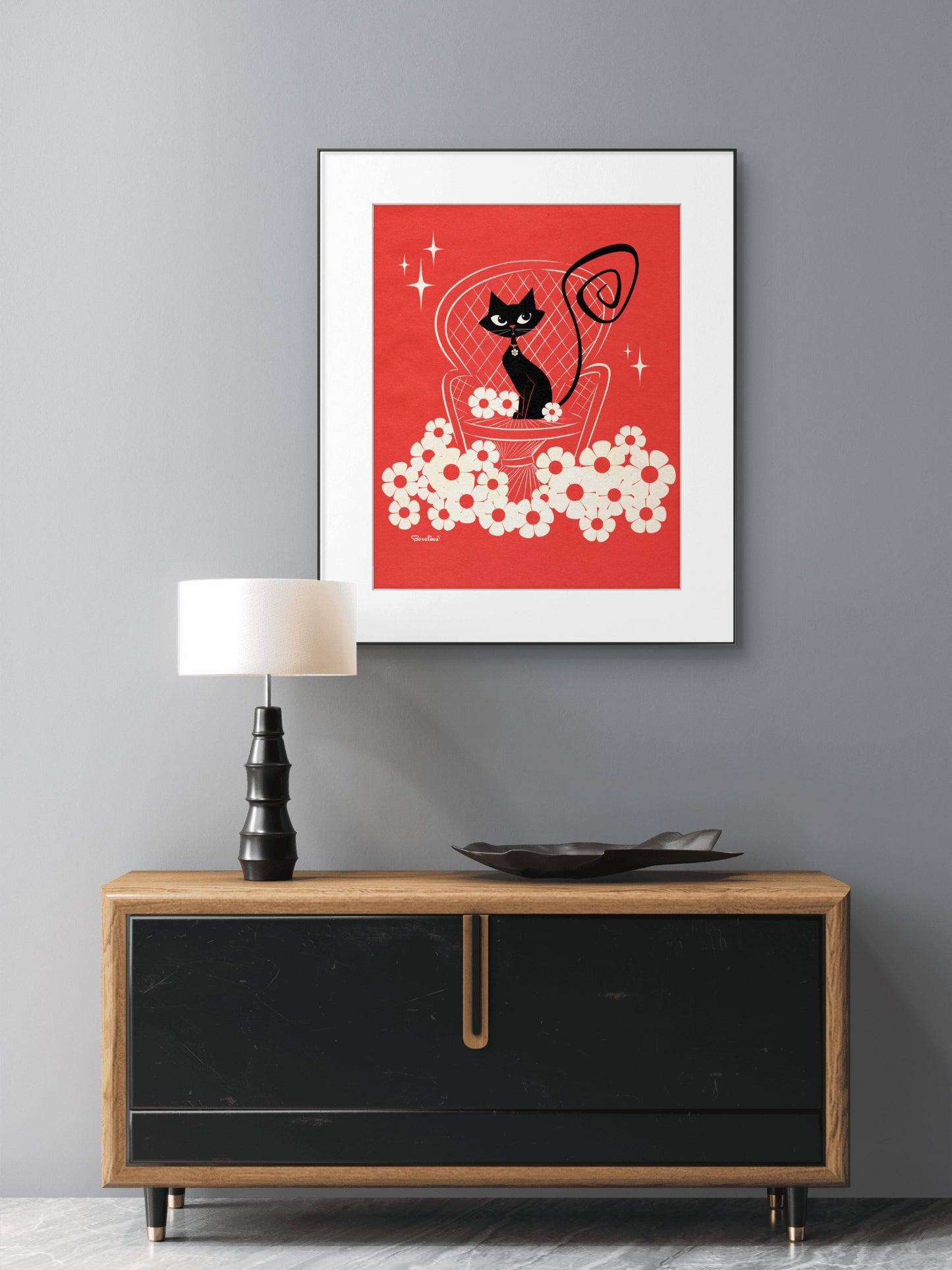 Black cat on Peacock chair, Rectangular Art Print