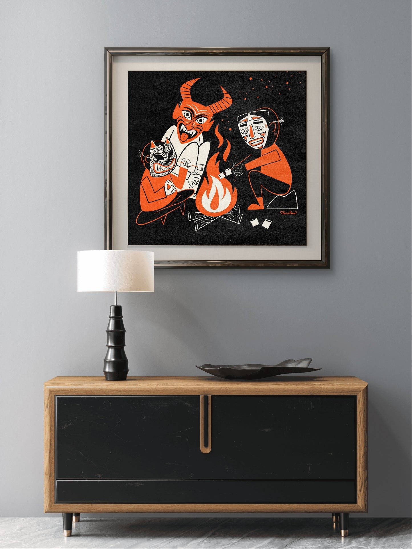 Mexican Masks with Bonfire, Square Art Print
