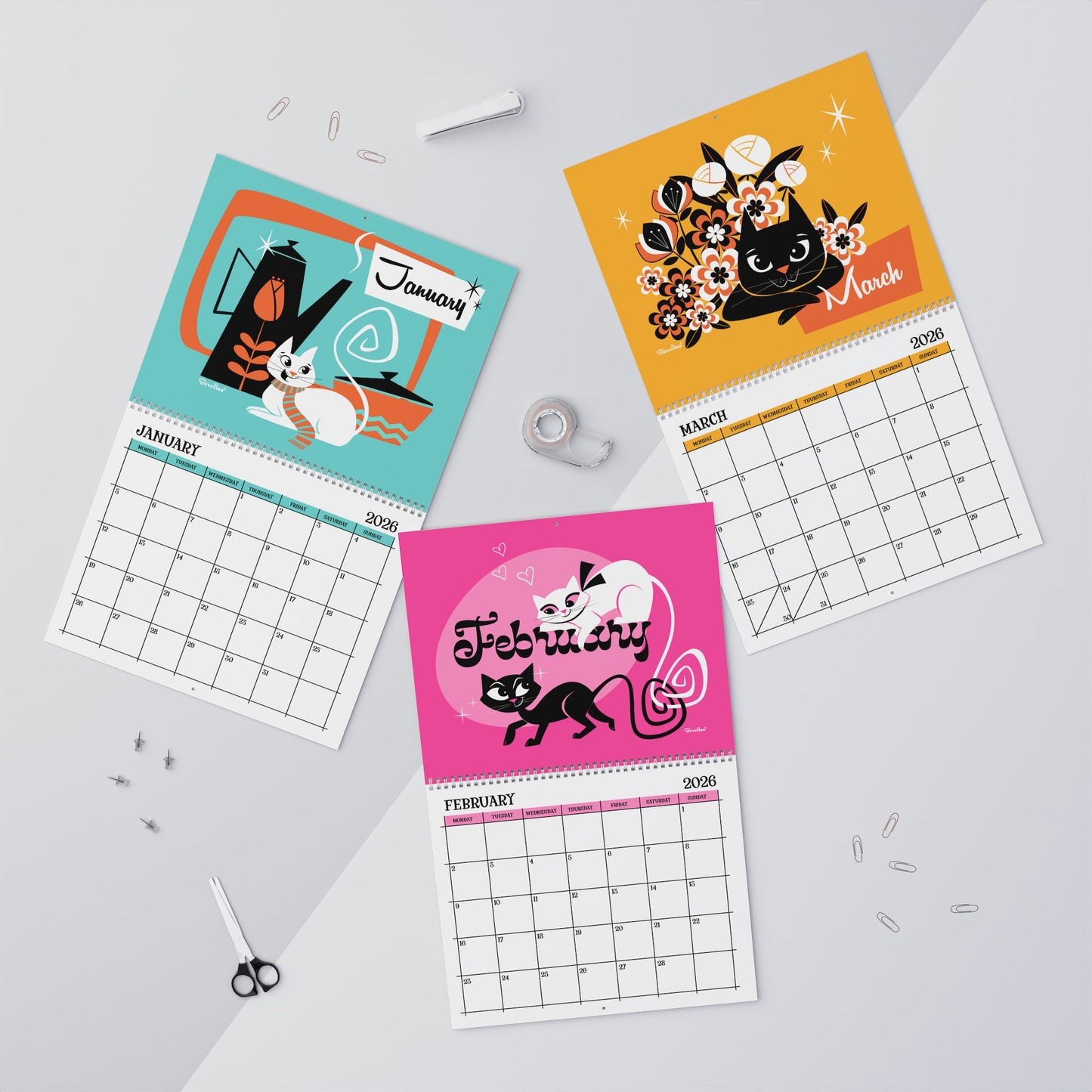 Midcentury Cats Calendar 2026 | 12-Month Monthly Calendar
