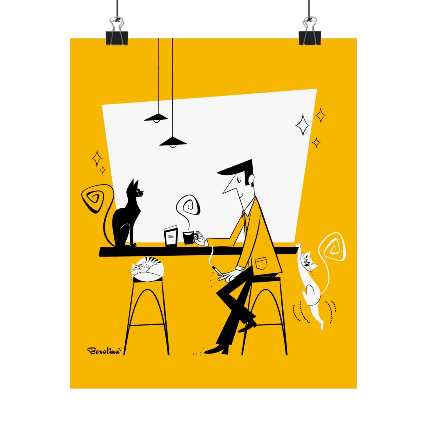 Cat Café (yellow background), art print