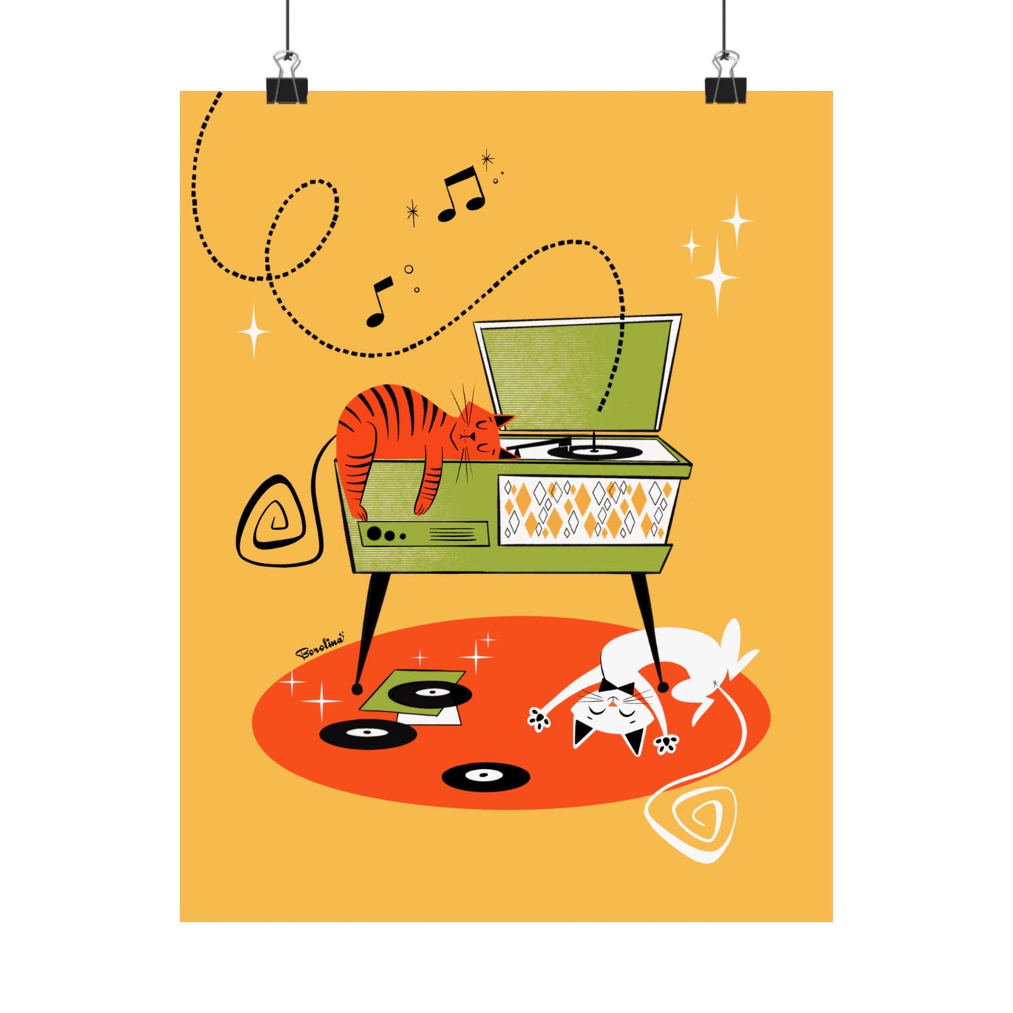 Cats napping on Record Player (yellow background), art print