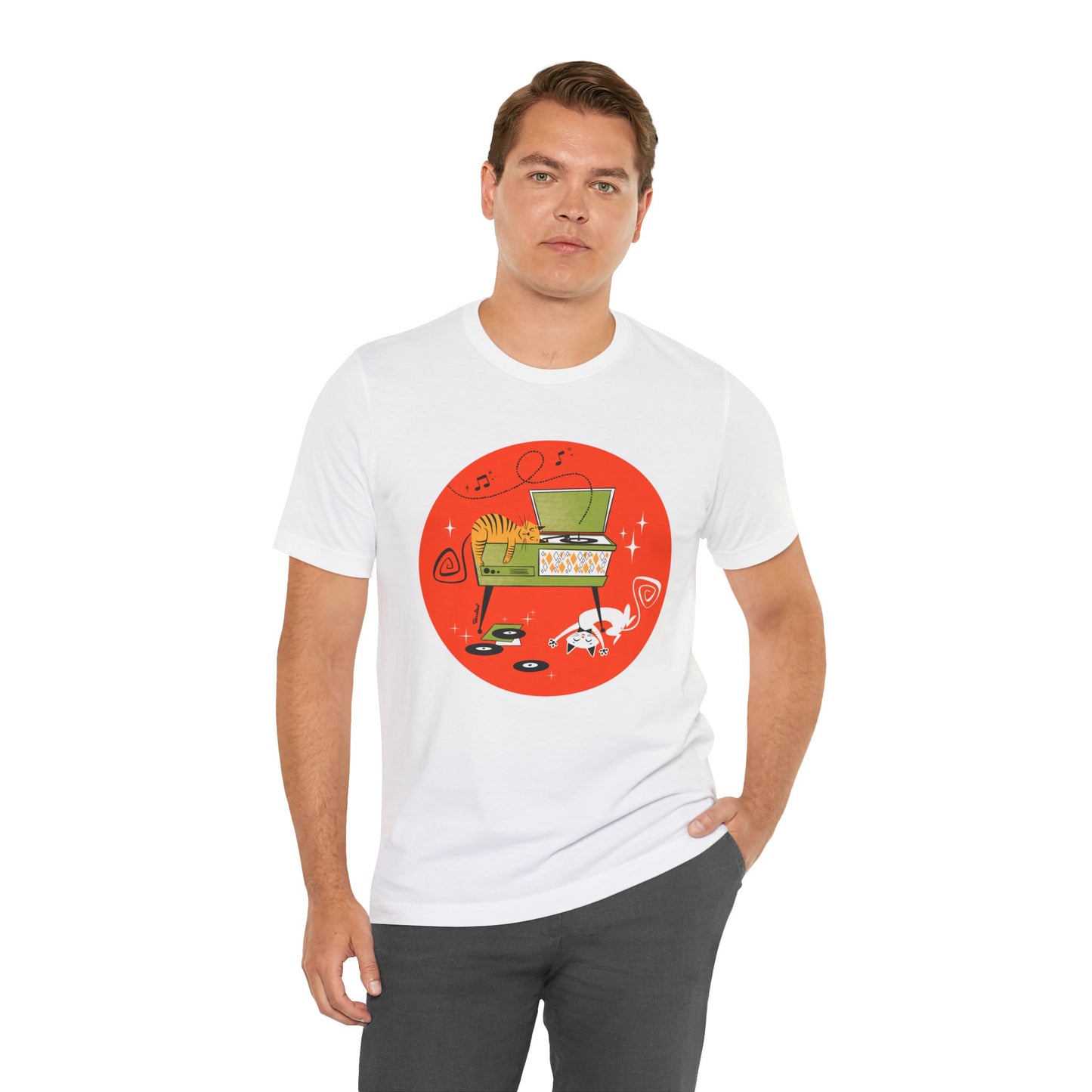 Cats napping on record player, t-shirt