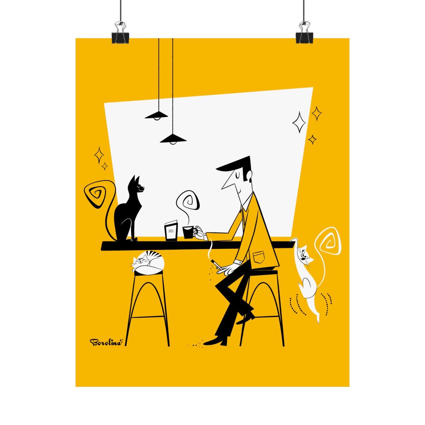 Cat Café (yellow background), art print