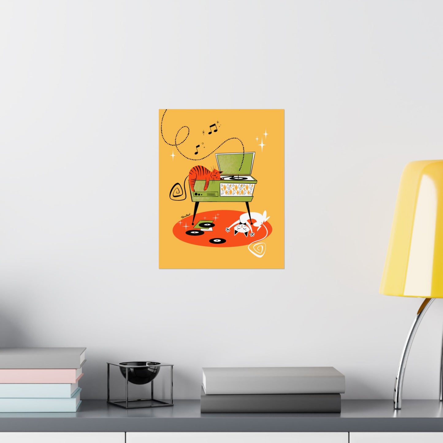 Cats napping on Record Player (yellow background), art print