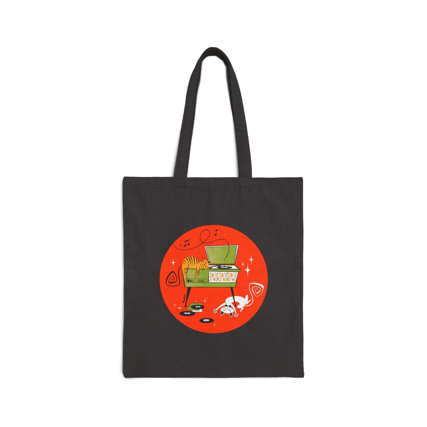 Retro Cats on Record Player Tote Bag in natural or black