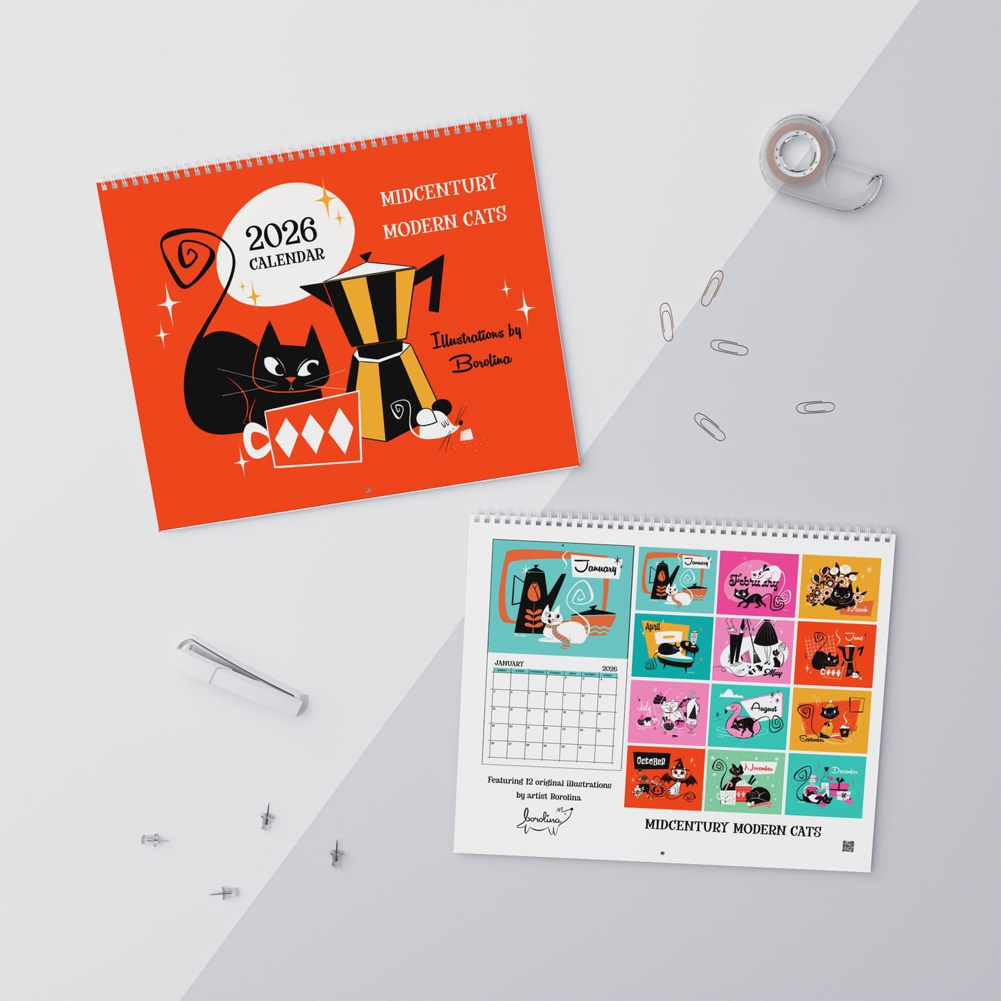 Midcentury Cats Calendar 2026 | 12-Month Monthly Calendar