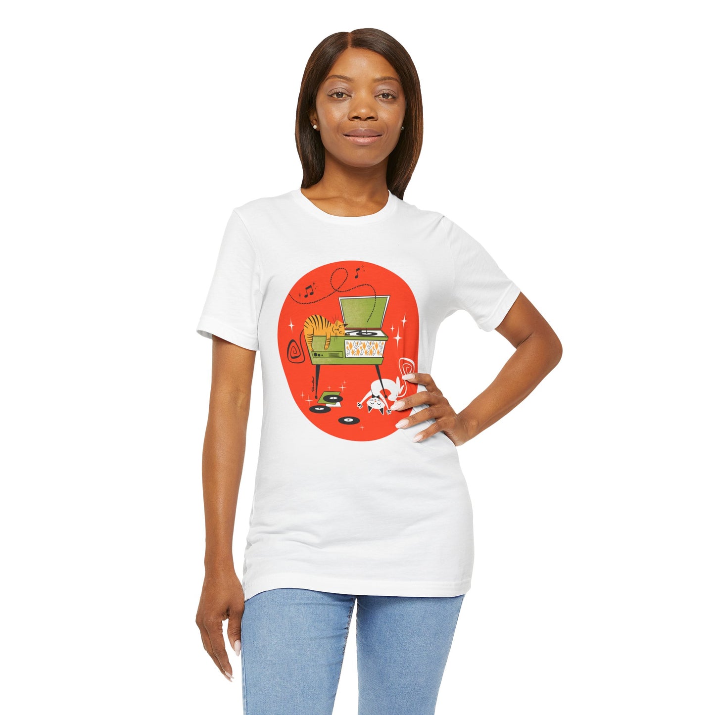 Cats napping on record player, t-shirt
