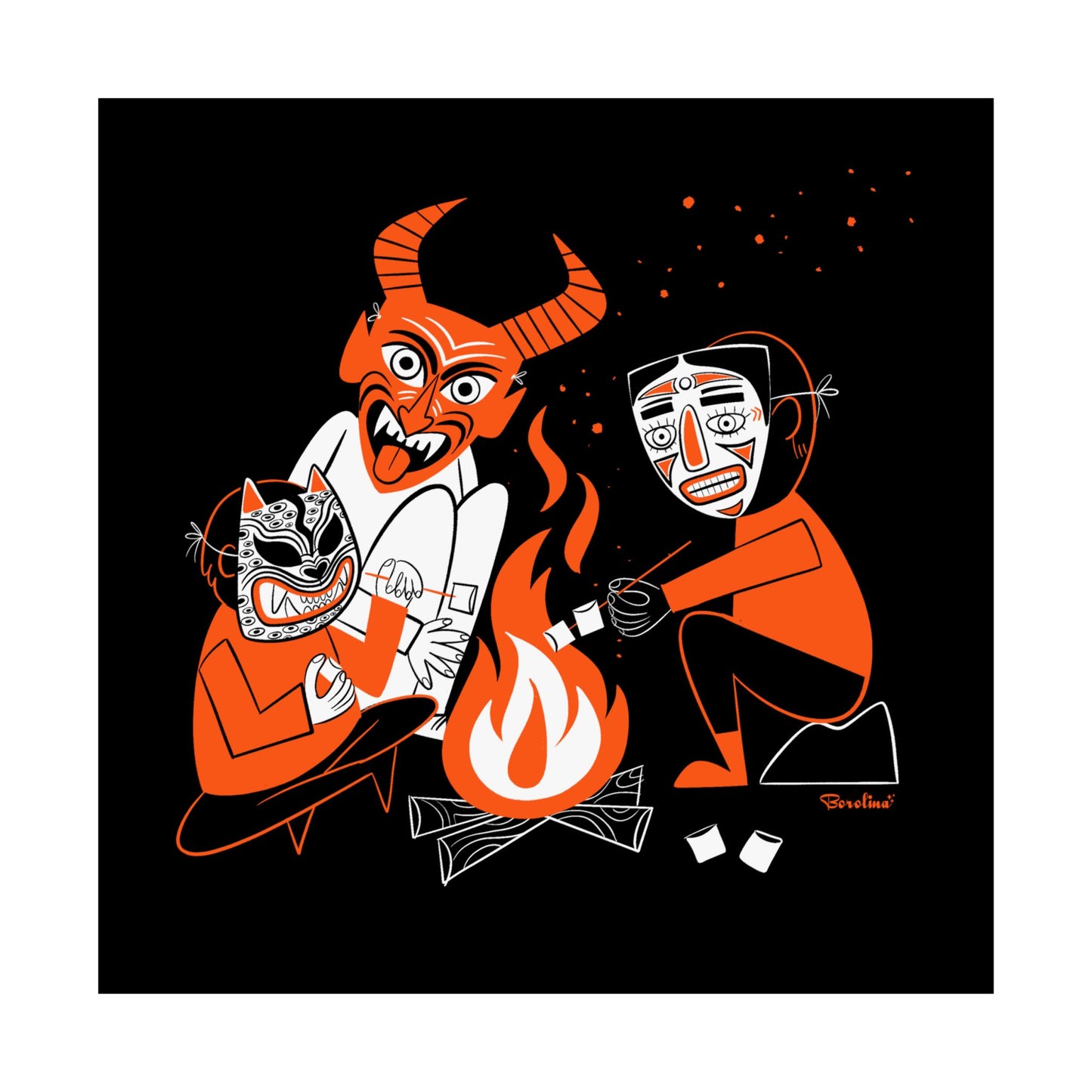 Mexican Masks with Bonfire, Square Art Print