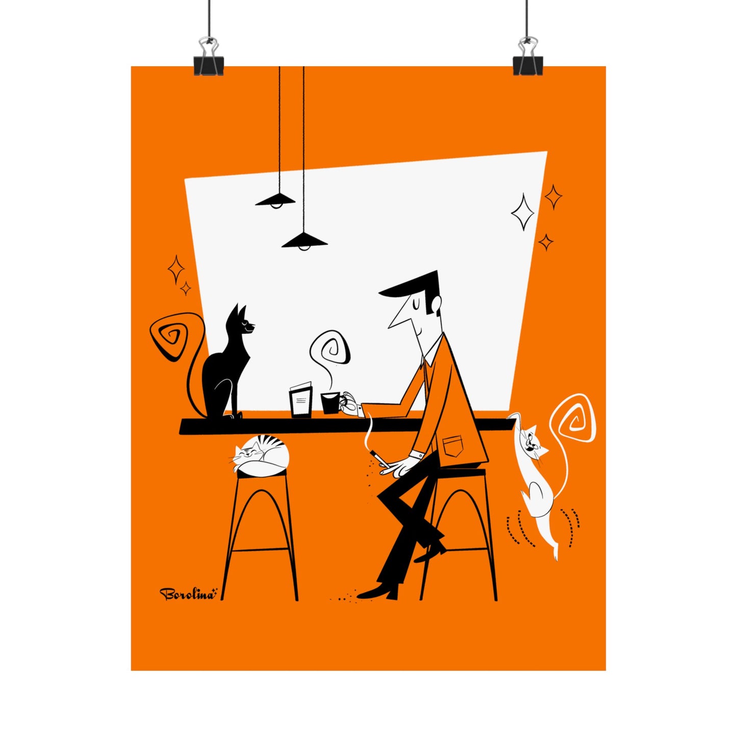 Cat Café (orange background), art print