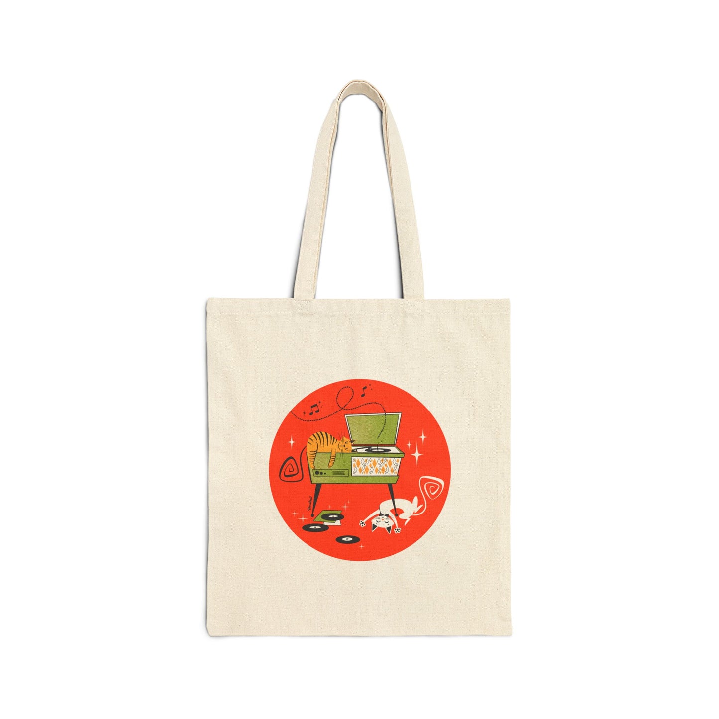 Retro Cats on Record Player Tote Bag in natural or black