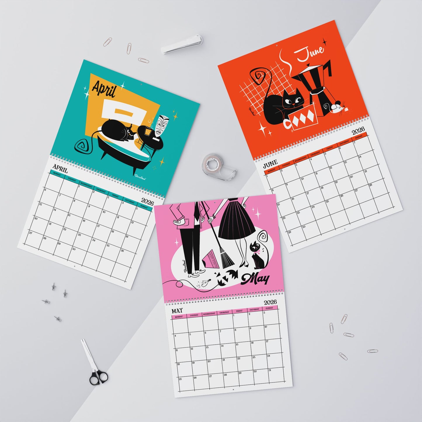 Midcentury Cats Calendar 2026 | 12-Month Monthly Calendar