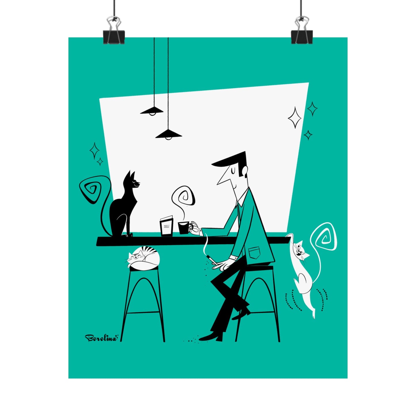 Cat Café (teal background), art print