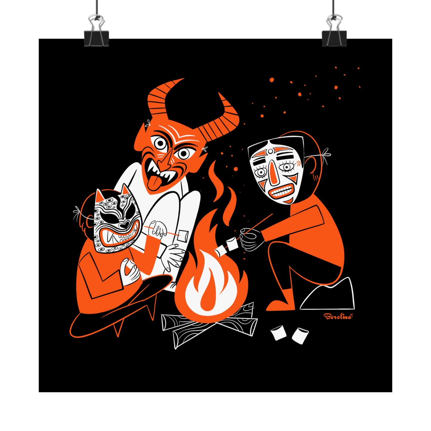 Mexican Masks with Bonfire, Square Art Print